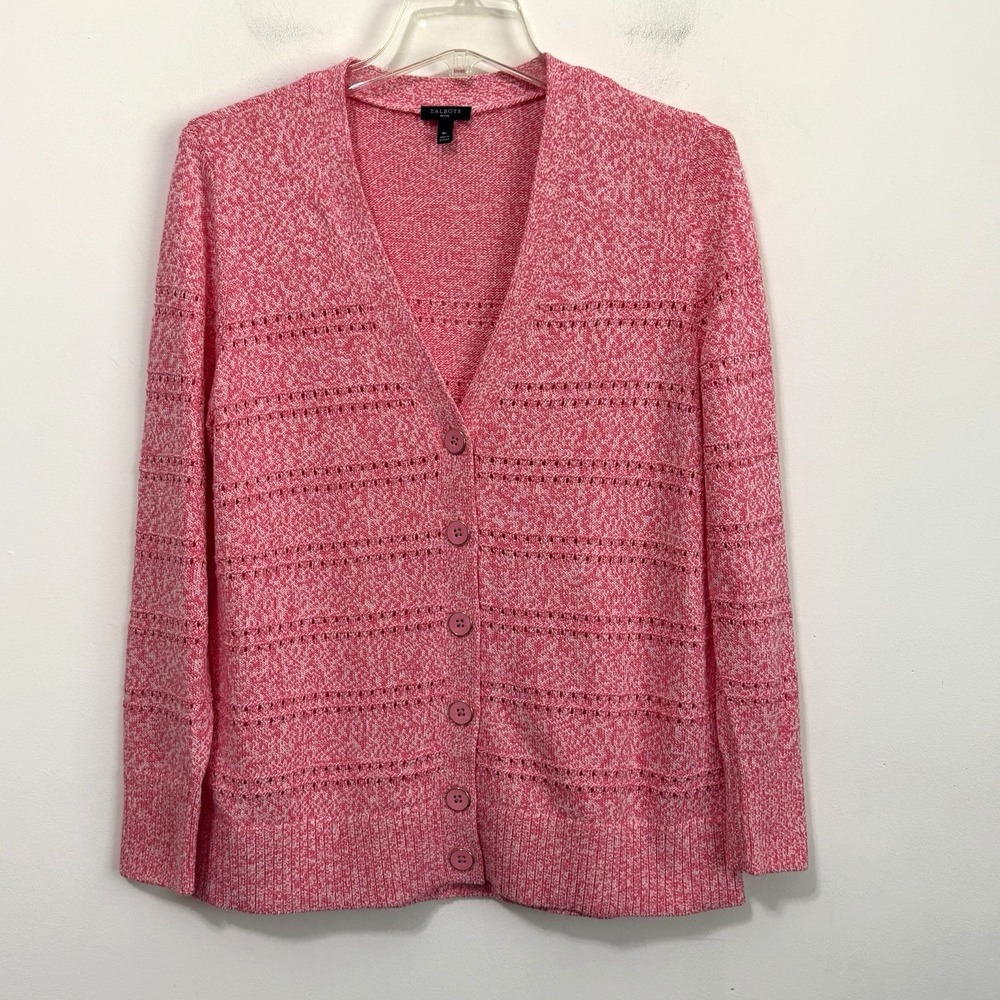 Talbots Cardigan Sweater M Petite V Neck Pink Girlfriend Long Sleeve Casual Work